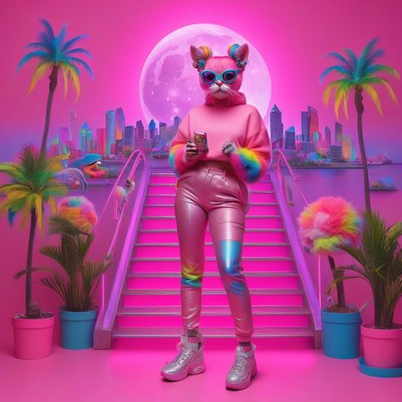 rainbow hair, monster, stairs, full body, bird, furry, candy, lollipop, hair bow, earrings, glowing, city, breasts, frog, sparkles, cloud, food, soft pastel clouds, palm tree, night, cat, saturated details, cityscape, double bun, piercing, pants, science fiction, moon, pink background, skyscraper, hairclip, neon colors