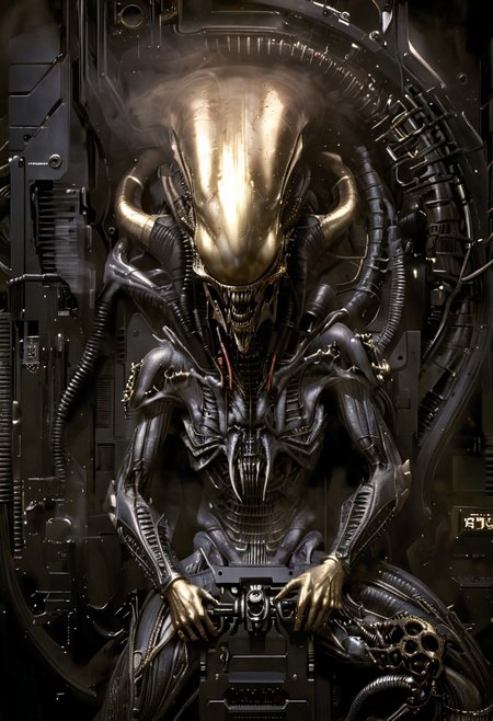 An insanely Detailed Divine Xenomorph, Golden and silver in color, cyberpunk, a crimson tinge to the golden color, Hyperdetailed, Omnipresent, Beautiful, Sinister overtones, otherworldly,by HR Giger