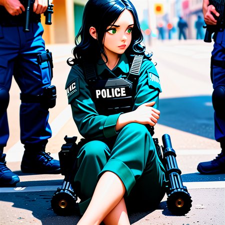 anime, best quality, (masterpiece:1.4), (high quality:1.4), sharp focus, 4k, absurd resolution, detailed hands, curly hair, long hair, (black hair:1.6), 1girl, mature female, (parted hair:1.7), (round face), (no_bangs:1.3), (no_fringe:1.6), <lora:ETO_OC_XL:0.7>, (thick eyebrows:0.9), (plump:0.8), round-chin, (greenish brown eyes), (brownish green eyes), caucasian, down-turned eyes, 1girl, (forehead:0.65), <lora:swat gear_xl:0.7> swat gear, weapon, (Sitting on the floor with legs crossed, looking to the side,), gun, uniform, police, rifle, street, officers, soldier, military, officer,