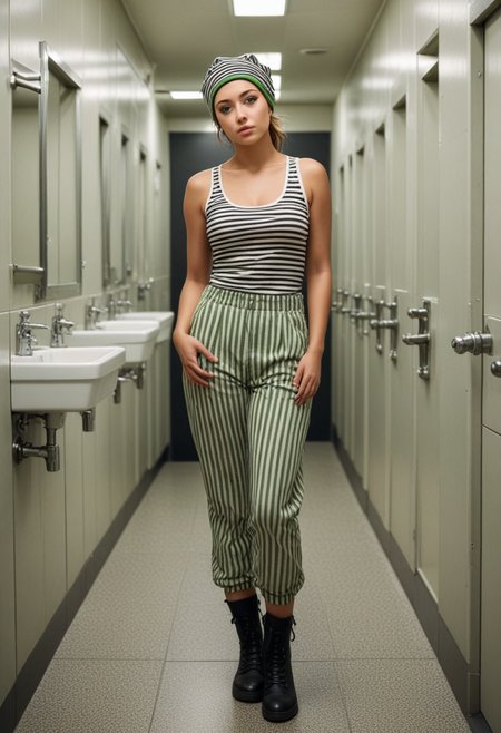 ((fashion photography)), perfect face, perfect eyes, (medium full shot) of  (angelic prison inmate) young woman, arabian, green eyes, tan skin, curvy, tan skin, light green eyes, full-figured, extra long hazel updo hair, wearing black and white striped tank top with prisoner number, black and white striped pants, black beanie hat, black boots, holding a shiv, set in  public Toilet, Simple, utilitarian design with linoleum flooring, stainless steel partitions between stalls, basic white porcelain toilets, wall-mounted soap dispensers, paper towel holders  , surprised, open mouth, pointing her finger at the viewer, masterpiece, best quality, photorealistic, very aesthetic