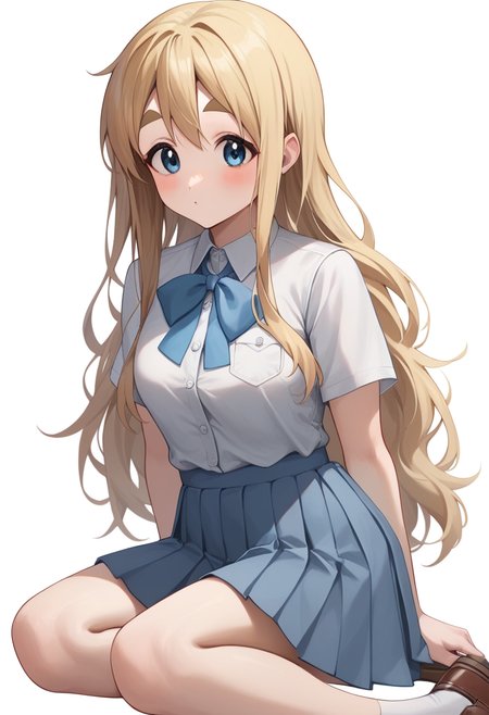 score_9,score_8_up,score_7_up,<lora:kotobuki_tsumugi_pony:1>,sakuragaoka_high_school_uniform,highres,kotobuki_tsumugi,thick_eyebrows,1girl,cropped_legs,pleated_skirt,buttons,short_sleeves,shirt_tucked_in,absurdres,blue_ribbon,grey_skirt,white_background,solo,summer_uniform,