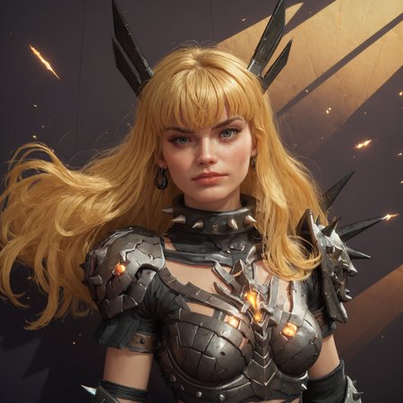 score_8,score_7,score_9,magikrivals,(close-up:1.2),face,pov,1girl,blonde,long hair,bangs,chest armor,spiked collar,spiked headband,on her knees,torn pantyhose,spiked boots,spiked gloves,beautiful background,detailed background