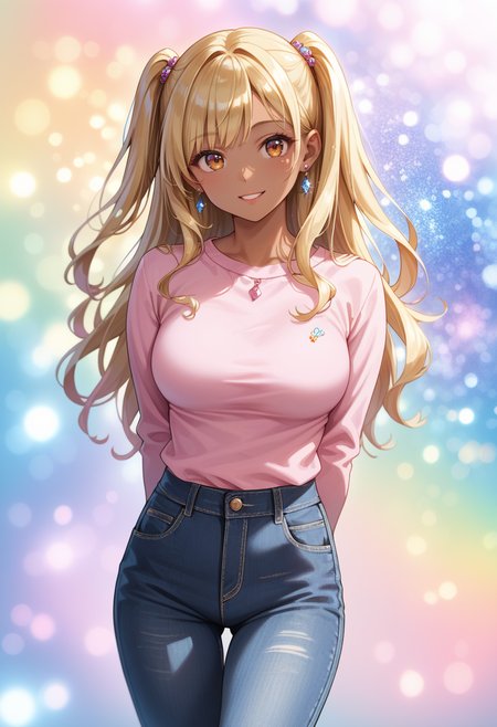 score_9, score_8_up, score_7_up, masterpiece,source_anime, best quality, perfect anatomy, very aesthetic, ((outlined outlined vector graphics)),glittering, glimmering, blue theme,detailed background,cowboy shot,
1girl,20yo, (large breast:1.2), orange eyes, (blonde hair:1.3),long hair, (two side up:1.1), (dark skin:1.6), dark skin girl, (tall:1.2), (abs:0.7),bangs, pink shirt, demin short pants,, looking at viewer,, jewelry, earrings, parted lips,, long sleeve ,  standing , ,  arms behind back ,pants, (clothed:1.4) , smile , rainbow, casual ware, rainbow powder background   <lora:rainbow-powder-background-01:1>