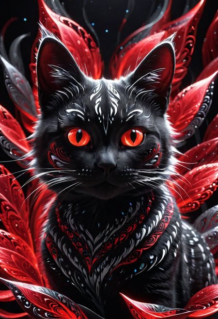 Magical creature, adorable black and white cat, hyper realistic, glowing red tribal patterns on the fur, grey eyes, abstraction, shading, bold, 3D, UHD, multidimensional, deep fractal, etched shapes, dark, close-up, sparkling red and silver particles floating around, 8k award winning, portrait, looking at viewer