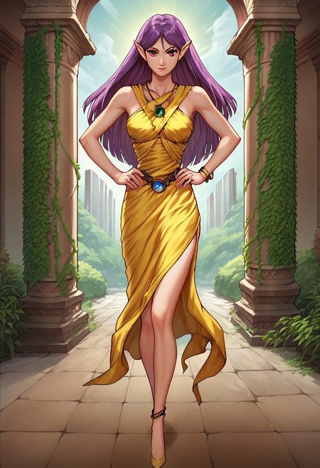 YGOWingW, 1girl, duel monster, angel, purple hair, long hair, red eyes, pointy ears, yellow dress, yellow scarf, belt, rings, blue gem, necklace, green gem, anklet
uncensored, score_9__up, score_9, score_8_up, score_8, score_7_up, score_7, score_6_up, score_6, score_5_up, source_anime, anime screencap, anime coloring, highres, Rating_Safe
standing, hands on hip, upper body, cowboy shot, temple, indoors, ruins, pillars