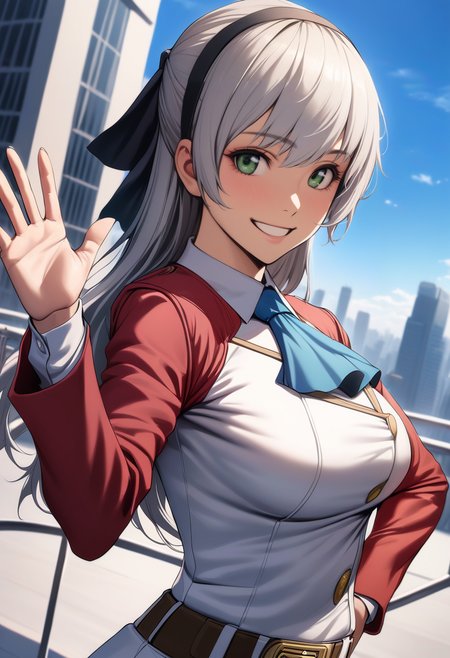 masterpiece, best quality, (realistic:0.2) <lora:elie-xl-nvwls-v1-000006:0.9> elie macdowell, hairband, hair ribbon, long red sleeves, white dress, pencil skirt, ascot, uniform, belt, upper body, looking at viewer, standing, cityscape, blue sky, clouds, smile, hand on hip, waving, happy, enthusiastic
