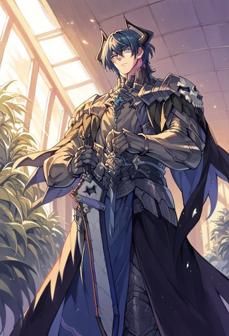 score_9, score_8_up, score_7_up, score_6_up, source_anime, 1boy, male focus <lora:mbyleth-pdxl-nvwls-v1-000005:1> defmByl, dark blue hair, short hair, blue eyes, hair between eyes, 1boy, armor, full armor, knight, skull, mask, horns, pauldrons, holding sword, from below, glowing eyes, holding sword, looking at viewer,  indoors, spacecraft interior, plant <lora:First_Hassan:1>, score_9, score_8_up, score_7_up, score_6_up, score_5_up, score_4_up, BREAK source_anime, masterpiece,