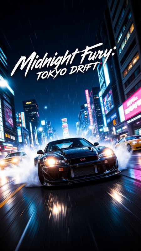 "A neon-lit city street at night, with a high-performance car racing through the rain-soaked roads, leaving a trail of smoke and sparks. The atmosphere is electric, with skyscrapers glowing in the background and headlights cutting through the mist. The title text 'Midnight Fury: Tokyo Drift' is centered above the action, with a sleek font adding to the adrenaline-fueled energy."    , aidmaMJ6.1, aidmaHyperrealism, aidmaimageupgrader
