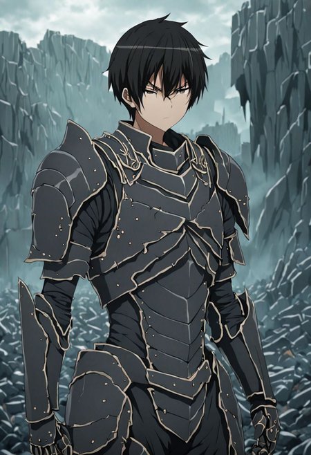 high resolution, solo, best quality, 1Boy, Kanie Seiya, Black Hair, dystopia, serious looking, armor, fantasy, OverallDetail