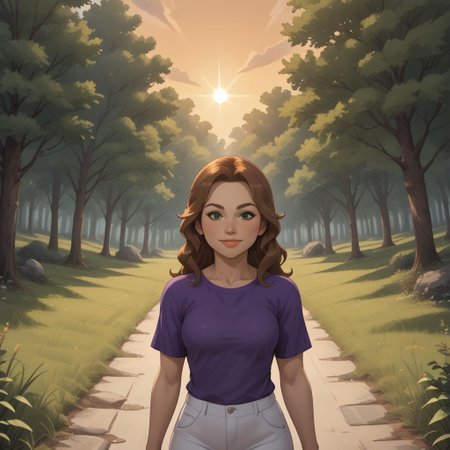 score_9, score_8, BREAK, solo, wii, mii, wii sports, 1girl, female mii, brown hair, green eyes, brown eyebrows, blush, lips, purple clothing, white pants, barefoot, breasts, nintendo mii, modern_mii, classic_mii, Jane_(Wii_Fit), sexy pose, self portrait, smile, outdoors, sunlight, shadows, evening lighting, natural lighting, forest, trees, grass, orange sky, sunset