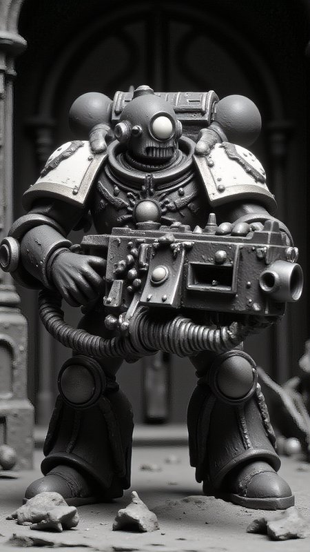 mm-style, monochrome, claymation animation of grimace from mcdonalds, wearing space marine armor without a helmet, weilding a heavy boltgun
