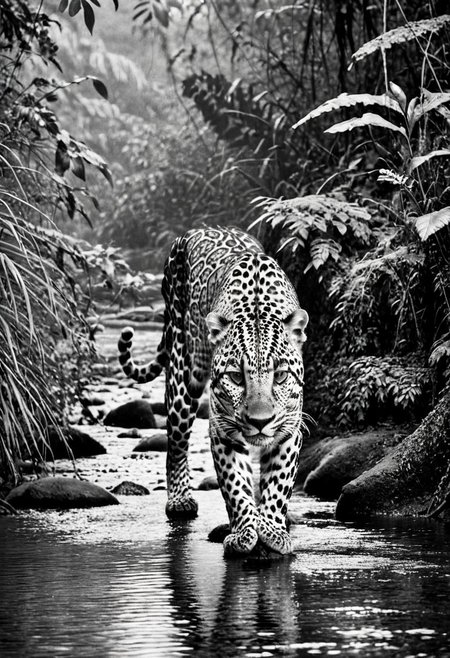 a (black and white:1.5) photo of a leopard, in the jungle, drinking at the at the edge of a river, at dusk, dense jungle forest, dramatic lights, shallow depth of field, blurred background, extreme details, intricate details, 8k, 35mm photo, photorealism, realistic photo, national geographic style, masterpiece, film photography style
