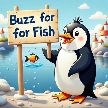 buzz,  furry penguin next to a sign with text "buzz for fish" <lora:buzz-text:.85>
