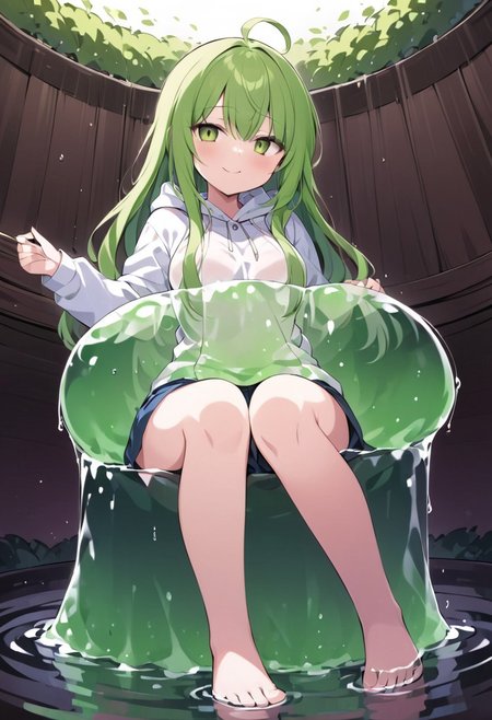 (masterpiece), (score_9, score_8_up, score_7_up,source_anime), 4K8K, best quality, high res image, illustration, Uncorrected, CG, 
(girl view from below. look-up angle:1.3), from side, 
1 woman sitting on a giant white grape slime, pretty white slime, (lot of white grape cubes around woman), (hair over breasts, long hair, hair censor:1.4), twinkle grape cube, 
slime, slime like a white grape, white grape slime, see-through slime, 
BREAK
medium breasts, 
(gradient hair, green hair, very long hair, Bangs covered eyes, ahoge, hair over breasts, hair censor), 
(hair blind eyes, half opened eyes, jitome, smile), 
wearing hooded robe, linen dress, culottes, denim short culottes, 
in orchard, fruit orchard, fruits trees,