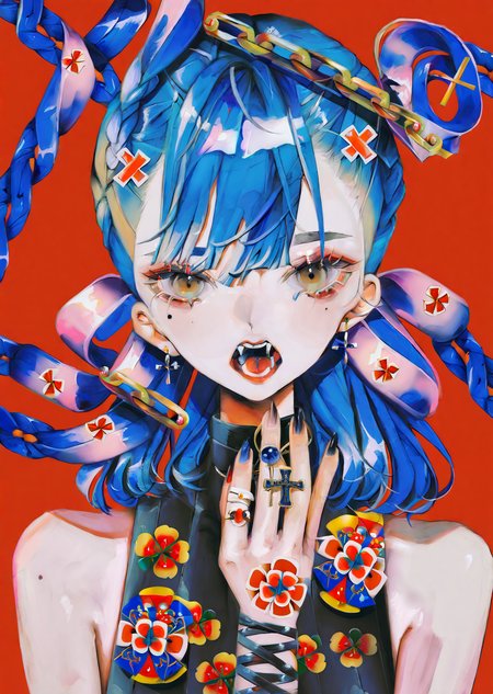 by yogisya, 
 1girl, solo, hair rings, chain, yellow eyes, blue hair, red background, long hair, looking at viewer, braid, jewelry, open mouth, hair ornament, fangs, bangs, teeth, mole, dress, simple background, black nails, fingernails, cross, bare shoulders, chinese clothes, upper body, nail polish
  best quality, masterpiece,