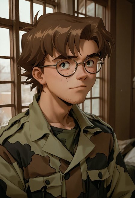 score_9, score_8_up, score_7_up, score_6_up, source_anime, comokensuke, glasses, 1boy, male focus, military uniform, <lora:Degen_kensuke_alpha:.85>  camouflage,  sorry ourdoors