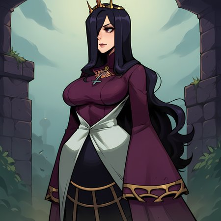 score_9,score_8_up,score_7_up,score_6_up,source_anime,rating_questionable,solo, 1girl,  <lora:Queen_Nancy_-_Skullgirls:0.8>QueenNancy,long hair, hair over one eye, large breasts, purple dress, black hair, queen, crown, barren wasteland,, zPDXL2,