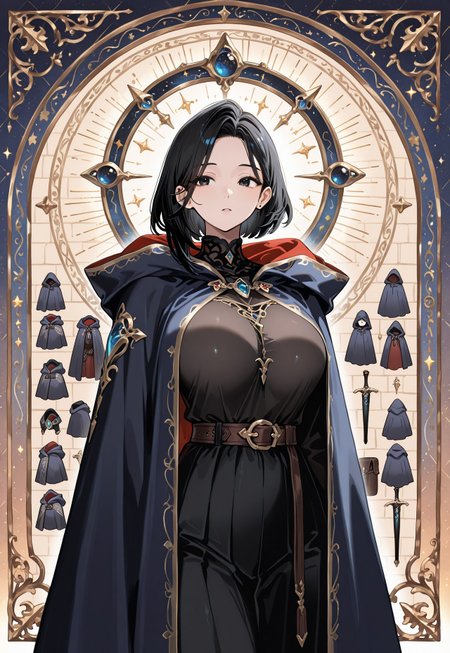 anime, solo, 1 woman,
Black hair, large breasts, one tucked behind ear, black eyes, feature large highlight, wearing Cloak,  feature double highlights, shaped eyeblow, 
sensitive,
Multiple Object Background, multiple Cloak model in background, fantasy,
(masterpiece:1.3), best quality, high resolution, unity 8k wallpaper, (illustration:1.2), 8K,