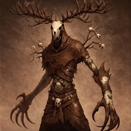 masterpiece, best quality, newest, absurdres, highres,  D3CSPS-V1.0, brown theme, sepia, no humans, monster, W3Leshen, antlers, skull, claws, monster, torn clothes, horns,