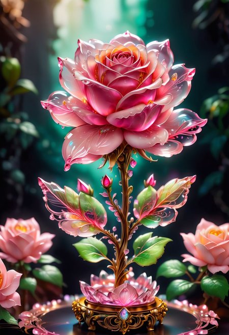 pink crystal rose flower, strong focus on subject, strong bokeh, empty background, <lora:SDXL\detailed_notrigger:0.5>, <lora:SDXL\add-detail-xl:0.5>, <lora:SDXL\SDXLFaeTastic2400:0.5>, <lora:SDXL\WowifierXL-V2:0.5>