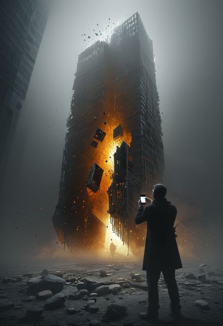 bosstyle, A man taking Photo with His Smartphone of a translucent dark-amber towering collapsing skyscraper, a giant boss, volumetric lighting, ultra detailed, deep blacks, atmospheric haze, falling bricks and Stones, falling particles, dust,