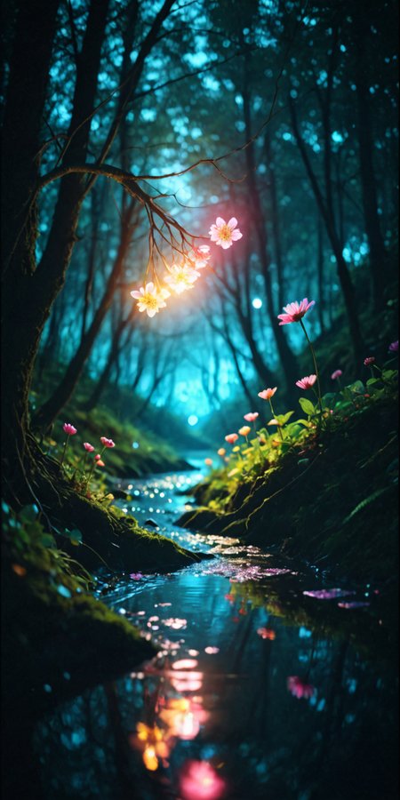 (8k analog photo,faerie landscape:1.2),
a (faerie strange:1.1) forest at night with (glowing:1.1) flowers,river,vibrant colors
<lora:M05_Intensify:1>