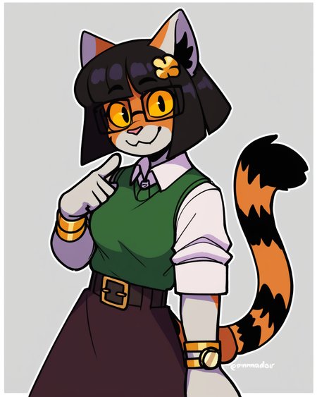 score_9_up, score_8_up, score_7_up, score_6_up,  by remanedur, half-length portrait, female, black hair, cat, tail, medium breasts, yellow sclera, hair accessory, tail bracelet, hair ornament, tiger tail, shirt, sweater vest, panty hose, skirt, gold wristwatch, bracelet, belt, furry, bangs, square glasses, short hair, looking at viewer, happy, smile, head tilt, solo, three-quarter view, simple background, white outline, <lora:Leah_Pines(AIM)_XL_v1:0.15> <lora:PDXL_artist_tags_v2_big:0.5> <lora:The-Minuscule-Task_PDXL_v1.0:0.6>   <lora:Kaede_murninatair:0.7>