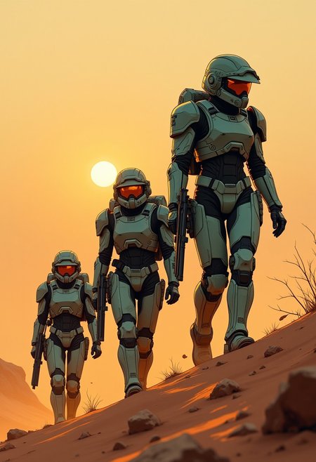 Stunning anime, illustration of Japanese goth woman, three space marines in teal and orange power armour, holding assault rifles, walking up hill on dusty, arid planet at sunset, directional lighting from the last rays of the sun