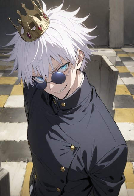 score_9, score_8_up, score_7_up, score_6_up, masterpiece, best quality, absurdres, cinematic, perfect composition, solo, 1boy, gojou satoru, blue eyes, white hair, crown on head, round sunglasses, jacket, black jacket, gakuran, school uniform, high collar, smirk, standing, looking at viewer,