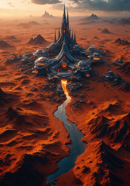 Sweeping aerial view capturing a futuristic desert metropolis set amidst undulating sand dunes and ancient, cracked ruins. Intricate textures, expansive composition, and dramatic, cinematic lighting evoke an ethereal, otherworldly ambience. Hyper-detailed bio-engineered structures with reflective glass surfaces and organic curves rise boldly against a vivid palette of burnt orange, deep indigo, and shimmering metallic tones. Winding geothermal channels, evoking natural fractals, meander through the barren landscape, adding spatial depth and intricate patterns. High-altitude perspective, advanced quality enhancers, 8k resolution, masterpiece detail, and dynamic framing combine to form a visually arresting and surreal tableau. <lora:New_Fantasy_CoreV4_FLUX:0.6> <lora:é»è²å¹»æ³_1.0:0.5> <lora:VividMidjourneymimic-Flux_v1.0:0.3> <lora:flux_dev:1>