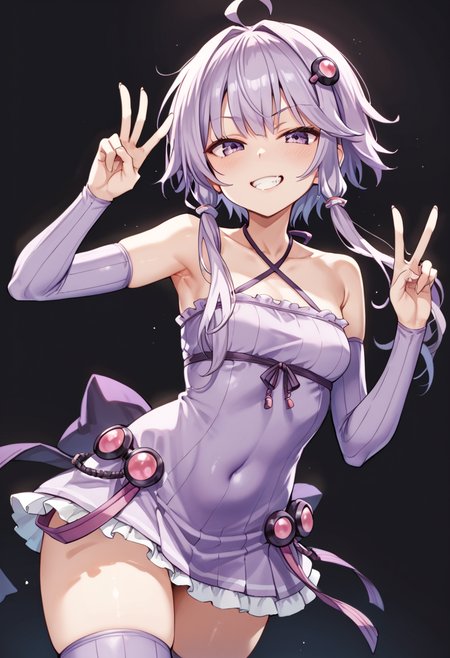score_9_up, score_8_up, score_7_up,
 <lora:YuzukiYukari_Uzai_V1:1>
yuzuki yukari, purple eyes, purple hair, ahoge, bangs, short hair with long locks, hair intakes, hair ornament, small breasts, 
collarbone, criss-cross halter, breasts, halterneck, covered navel, bare shoulders, 
sleeveless dress, purple dress,  halter dress, Long sleeve, purple sleeve, zettai ryouiki, ribbon, thighs, sleeveless,  purple thighhighs, frills, 
smug, smirk, blush, teeth, peace sign, double peace sign,
black background, simple bacground,,
(mature female:1), huge brests:1,