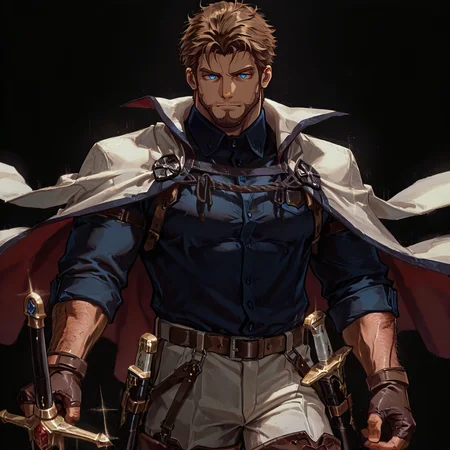 <lora:Bud__Alchemist_Code:.75>, tagatamebaado, baado_brunette, baado_blue eyes, 1boy, short hair, solo, male focus, manly, mature male, bara, muscular male, collared shirt, long sleeves, cape, fingerless gloves, belt, pants, thigh boots, sword, sheath,
{upper body|cowboy shot}, 
(very short hair), male focus, muscular male, large pectorals, muscular male, bara, mature, (hairy body, hairy, body hair, arm hair, leg hair, hairy body, glossy skin, bara, mature, facial hair, beard, full beard, sideburn, mustache, stubble), facial hair, bara, mature, body hair, aixiwuganda_(20222192), very awa, masterpiece, best quality, absurdres, newest, perfect quality, detailed background, intricate details,<lora:slider_Body Type_alpha1.0_rank4_noxattn_last:2><lora:Anime Summer Days 2 Style SDXL_LoRA_Pony Diffusion V6 XL:.6><lora:merged:.7>, DARK, DARK BACKGROUND, LOW-KEY LIGHTING <lora:slider_cfg_scale_boost:.7><lora:Artist6p:.55>, Artist6p, Artist04p,<lora:slider_il_brightness_slider_d1:-.5><lora:slider_il_contrast_slider_d1:-.25>,<lora:slider_contract_controller_illus01_v1:.3>, <lora:addon_illustriousXLv01_stabilizer_v1.121:.5>,<lora:slider_DarkSlider1.2_alpha1.0_rank16_full_300steps:-.2><lora:Heavenly_Beauty_r1:1>, (heavenlybeauty,)<lora:slider_style_strength_controller_illus01_v1:.25>