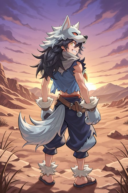 <lora:FlunkyIL:0.8> , fludef, 1boy, black hair, long hair, yellow eyes, wolf hat, wolf hood, wolf pelt, wolf tail, grey scarf, bandana around neck, necklace, tooth necklace, fur trim, blue vest, torn clothes, paw gloves, sandals, full body, wasteland, mountains, exterior, from behind, looking back, grin, (solo), masterpiece, very aesthetic, absurdres, best quality, amazing quality, high resolution, detailed background,  <lora:illustrious_quality_modifiers_masterpieces_v1:0.8> , <lora:ChamIllustriousBackgroundEnhancer:0.5>