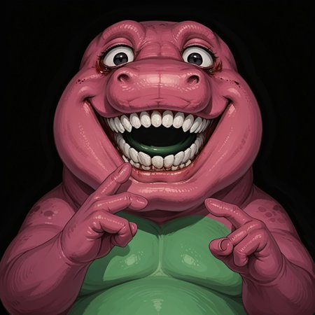 masterpiec, best quality, solo, barneydinosaur, barney, biped, dinosaur, mascot, tyrannosaurus rex, purple body, green belly, fat, chubby, white teeth, black eyes, short arms, (two fingers), (psychotic smile:1.1), (evil expression:1.1),  bulging eyes, smiling at viewer, blood on face, grin, evil smile, Sinister_Smile, shadow on the face, Macabre, Terror, Menacing_Smile, Disturbing_Expression, Grotesque_Style, Painting, Intense_Colors, Dark_Contrast