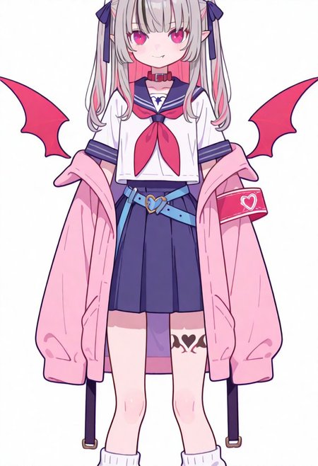 Flatline, Flat vector illustration, looking at viewer, full_body, 
niji-ririmu,flat chest,red eyes,long eyelashes,grey hair,streaked hair,multicolored hair,pink inner hair,pointy ears,fang,heart tattoo,tattoo around thigh,long hair,two side up,black hair ribbon,saggy hair ribbon,red wings,demon wings, 
niji-ririmucos1,serafuku,white shirt,short sleeves shirt,red neckerchief,midriff,blue belt,loose belt,blue skirt,miniskirt,pleats skirt,white socks,loose socks,red choker,red collar,pink jacket,off shoulder jacket,armband,long sleeves,sleeves past wrists,sleeves past fingers, 
slim, slender, fair skin, clear skin, beauty skin, smooth skin, shiny skin, beautiful legs, long legs, 
from front, front view, straight-on, look at viewer, standing, (legs apart:1.4), 
white background,