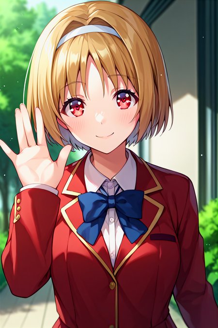 score_9, score_8_up, score_7_up, score_6_up, score_5_up, score_4_up, rating_questionable, , source_anime, digital illustration, pixiv, fanbox, uncensored, , BREAK, official art,
1girl, solo, female, kushida kikyou, short hair, hair intakes, red eyes, hair band,
school uniform, red jacket, white skirt, blue bow, waving, outdoors, upper body, light smile, blush, cowboy shot, looking at viewer,   <lora:Kushida_Kikyou_Pony-000009:0.9>