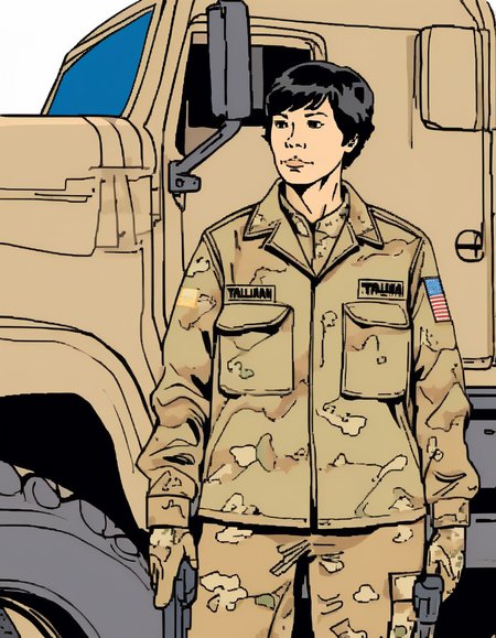 a woman,Taliana, <lora:TalianaXL:0.8>,short hair,black hair,(felt marker drawing:1.3),(detailed background),((wearing desert camouflage uniform,spotted camouflage)),standing besides heavy truck,in parking lot,in desert