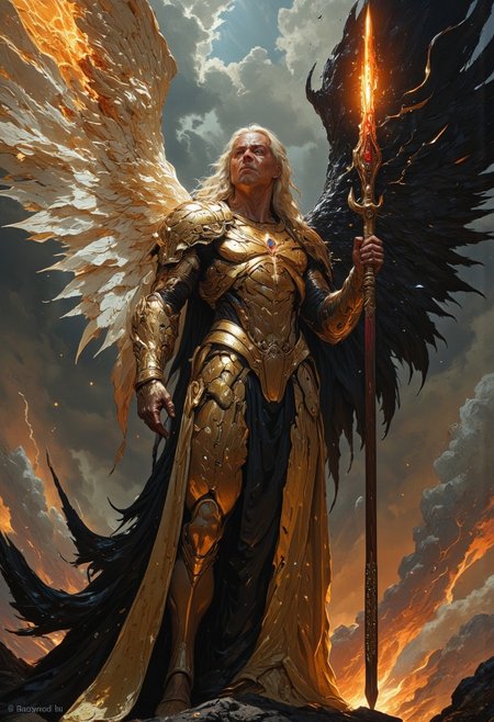 An ethereal angel stands in haunting splendor, their majestic wings embodying duality: one radiant and pure, glowing with divine light, the other dark and drenched as if dipped in blood. Their celestial armor gleams with a timeless brilliance, scarred from countless battles, while a fiery sword is held aloft, radiating judgment and wrath. Their face is both beautiful and terrible, with eyes like twin galaxies—one of hope and one of sorrow. They stand amidst a stormy, otherworldly sky, where thunder cracks and light weaves through shadow, symbolizing the weight of their divine duty. The air around them hums with the resonance of ancient hymns, a song of creation and destruction. The scene evokes awe, fear, and the enigmatic power of a being caught between grace and devastation.