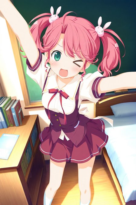 masterpiece,best quality,good quality,rating safe,memorialimouto,kogasaka chinami, 1girl, solo,pink hair, rabbit hair ornament, twintails, hair ornament, green eyes, school uniform,yellow hairclip, short hair, skirt,white socks,game cg,blush,bedroom,standing,looking at viewer,XD,Arms Up,hands up