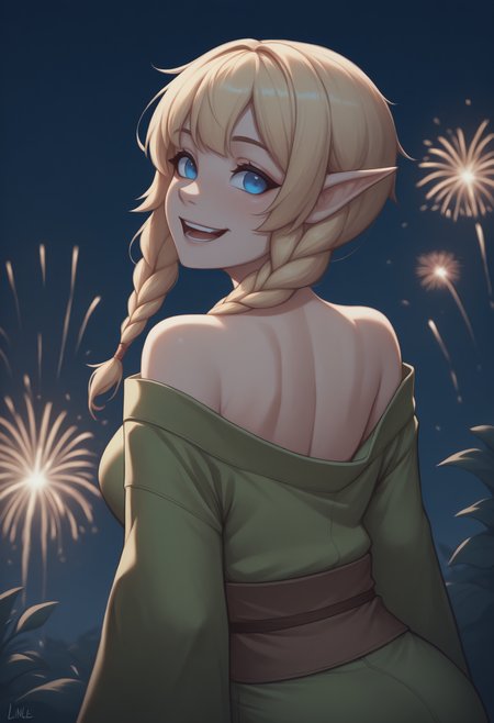 anime, masterpiece, best quality, <break> from behind, solo, 1girl, l1nkle, :d, teeth, looking back, long hair, blonde hair, twin braids, pointy ears, blue eyes, japanese clothes, green kimono, off shoulder, brown sash, bare shoulders, outdoors, night, fireworks
<segment:yolo-Anzhc Face seg 640 v2 y8n.pt,0.4,0.5//cid=1>