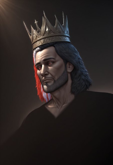 very aesthetic, absurdres, DSK4RT Style, 1boy, male focus, beard, stubble, facial hair, multicolored hair, crown, god, (masculine), red eyes, (masterpiece, best quality, ultra-detailed, highres), ((solo)), perfect face, sidelighting, lustrous skin, (bloom), (shine), lighting, ray tracing, sci-fi, depth_of_field, very detailed background, highly detailed background, Masterpiece, Ultra detailed, great composition, Dynamic angle, (Highest picture quality), (Master's work), extreme light and shadow, masterpiece, rich in detail, (highest quality), (masterpiece), (extremely detailed CG unity 8k wallpaper), (masterpiece), (best quality), (ultra-detailed), (best illustration), (best shadow), perfect lighting, perfect anatomy, vivid colors, (masterpiece)