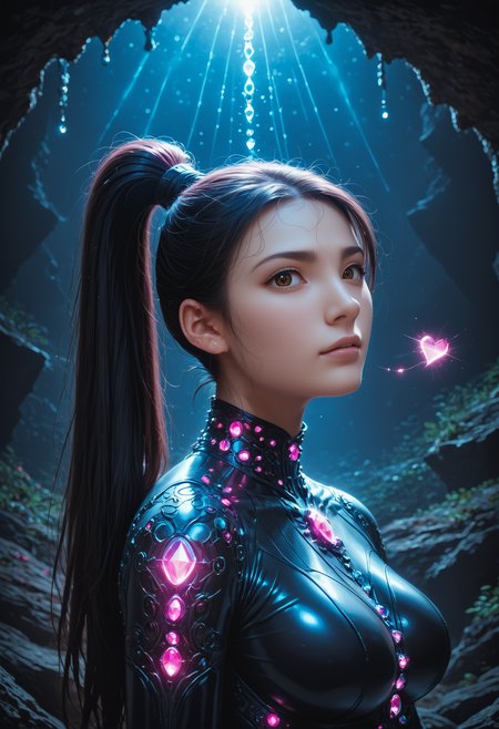 score_9,score_8_up,score_7_up, sorce_real, 8k, hd, (1 girl, brown eyes, high ponytail, bioluminescent latex suit, seij, <lora:Seij-000001:1>), cute and mischievous, black suit, purple details, neon colored glowing particles in the black skin, black skin with neon pink bioluminescence, cinematic light, looking at viewer, dark, night, mysterious atmosphere, floating hearts, beautiful  creatures, flies through a dark stalactite cave at night, bioluminescent icicles on the walls, everything is shrouded in darkness.  <lora:SDXLFaeTastic2400:0.4>, cave by Jed-Cosmos  <lora:Jed-Cosmos-sdxl:0.4>  <lora:ral-swarcrystl-sdxl:0.5> multicolored gemstones made of ral-swarcrystl, black gloves with glowing jewels, upper body, side view