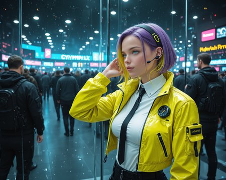 young 1girl, solo, short hair, purple hair, two-tone hair, colored inner hair, yellow hair, very long hair,swept bangs, earpiece, black hairclip, hairband, sidelocks, drill sidelocks, blue eyes, white shirt, cropped jacket, yellow jacket with green accents, techwear, jewelry, necktie, zipper, neon trim, thigh strap, thighhighs, asymmetric legwear, (parted lips, light smile:0.4), suggestive, (dynamic pose:0.9), upper body, hand to ear, medium breasts, scenery, science fiction, futuristic, cyberpunk, hotel lobby, seats, glass door entrance, clock, marble wall, crowd, masterpiece, best quality, realistic, cinematic lighting, photography, award winning, film grain, newest, aidmafluxpro1.1, aidmaMJ6.1 <lora:aidmaFLuxPro1.1-IL-v0.3:0.3> <lora:aidmaMJ6.1_v0.5_IL:0.3> <lora:RealisticIL-000001:0.2> <lora:- iLL - the_edgy_mech_V3.0:0.3>âââ