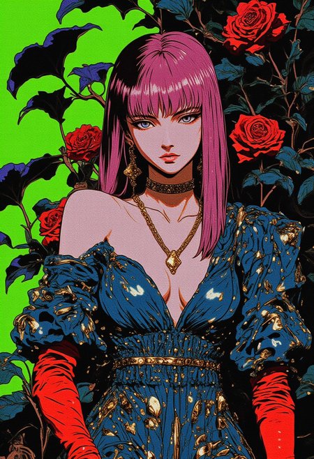 A hyper-realistic close-up portrait of a woman’s upper body and midriff, set against an artistic, surreal atmosphere. She wears a predominantly teal dress, adorned with shimmering obsidian and emerald sequins and beads that reflect the soft, ambient lighting, creating a mesmerizing, radiant effect. The luxurious fabric, a blend of sheer materials and glittery accents, adds depth and texture to her elegant look. Her long, straight magenta hair cascades over her shoulders, partially obscuring her face, adding an air of mystery. Her pearly white skin tone, hinting at Chinese descent, glows under the gentle light. She accessorizes with a choker around her neck with a heart shaped locket. Long crimson, elbow-length gloves elevate the outfit with a sophisticated touch. The background is a bold, bright lime green overtaken by exaggerated, oversized *Ginkgo biloba*, thorny vines of the deepest black adorned by red roses entwine her body, adding to the surreal, artistic interaction. Captured in ultra-high-definition, 8K quality, the image highlights the flawless textures of her skin, clothing, and accessories, blending high fashion with nature’s surreal beauty.