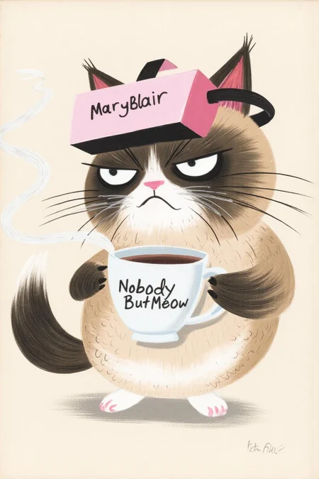maryblair2 illlustration.
Grumpy Cat holding a coffee mug, wearing a VR Headset. The mug has the phrase "NobodyButMeow" printed 
 <lora:maryblair3_cap_d6a3e9:1.0><lora:855889548880650971:0>