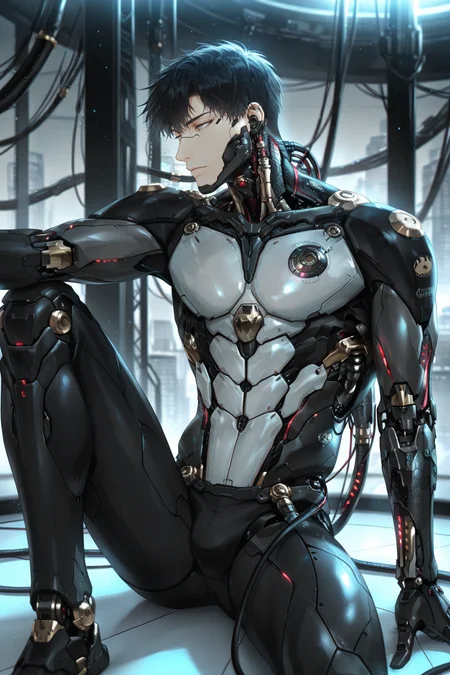 <lora:osborn-IL:0.8>,osborn, black hair, 1boy, short hair, male focus, solo, sitting, star \(symbol\), facing to the side, cyborg, mechanical parts, one knee up, cable, science fiction,bara,male focus,very awa,masterpiece,best quality,amazing quality,nsfw,uncersored,highres,best quality,amazing quality,best aesthetic,absurdres,