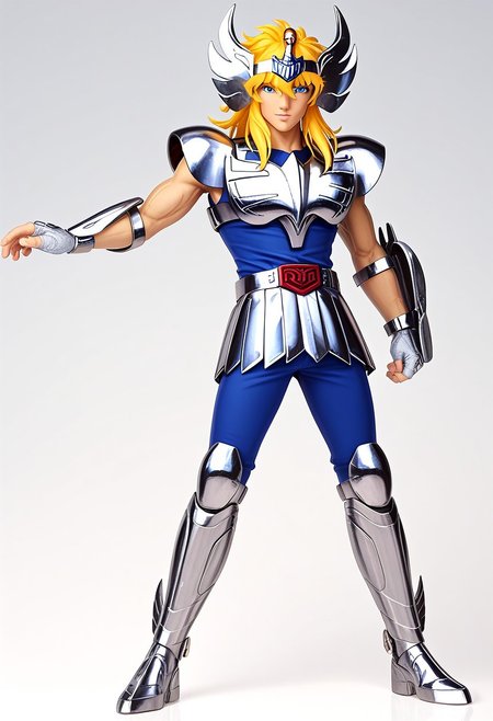 score_9, score_8_up, score_7_up, cygnushyov1, 1boy, blue eyes, slender figure, toned male, swan circlet, silver pauldrons, silver armor, fingerless silver gauntlets, circle plated vambrace, belt, silver tassets, blue pants, silver greaves, blue undershirt, belt buckle, wavy blonde hair, sleeveless, straight-on, full body, looking at viewer
