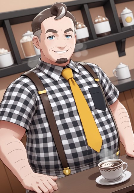 safe_pos, safe_pos, score_9, score_8_up, rating_nsfw, ultra hd, absurdres, best quality, masterpiece, masculine, solo, 1boy, 1male, male focus, best anatomy, best eyes, best hands, sexiest man alive, erotic, gay porn, cartoon art, cartoon artstyle,

POKESSCafe, POKESSCafeHair, yellow tie, plaid shirt, suspenders, chubby, facial hair, making coffee, steam lines, smiling, looking at viewer, cozy aesthetic, cafe background, detailed background, dutch angle