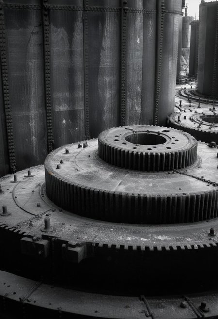 detailxl, 80sc1nemat1c5tyle, creamy bokeh, black and white, colorless, monochrome, BREAK, gears, machinery, close-up, factory, rust, oil