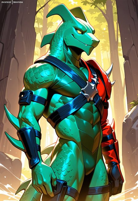 best quality, newest, absurdres, highres, 1boy,solo,Anthro,lizard,hybrid,green body,ninja outfit,yellow eyes,scalie